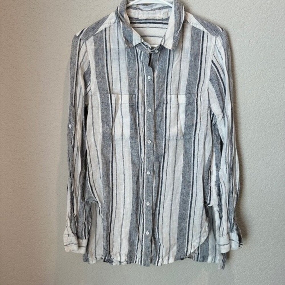 Athleta Blue & White Stripe 100% Linen Button Front Tunic Blouse - Size S - EUC